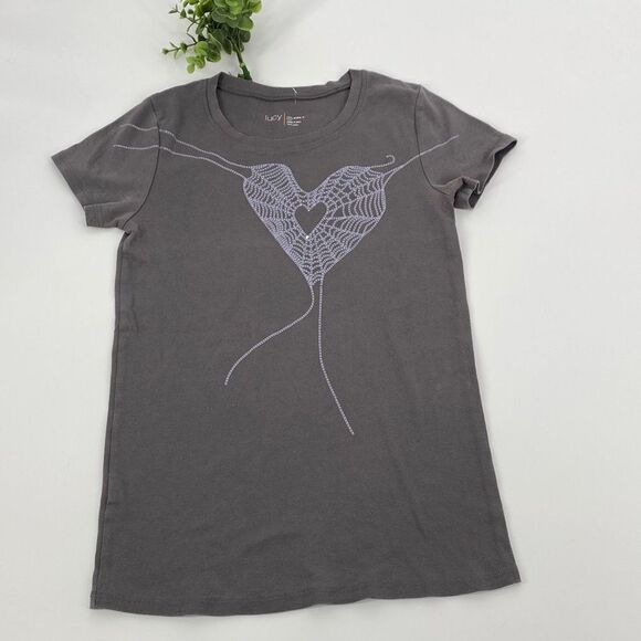 Lucy Active Fit Cotton Yoga Embellished Heart Casual Tee Grey M - Picture 1 of 12